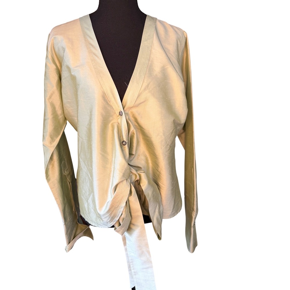 Pink Tartan 100% Silk Sage Green Tie Front Blouse Womens 10‎ Canada Quiet Luxury
